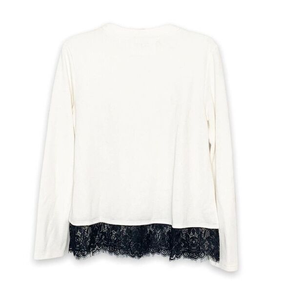 LOFT Outlet Light Sweater Winter White Cream Crew Neck Black Lace Hem Size Small - Picture 6 of 10